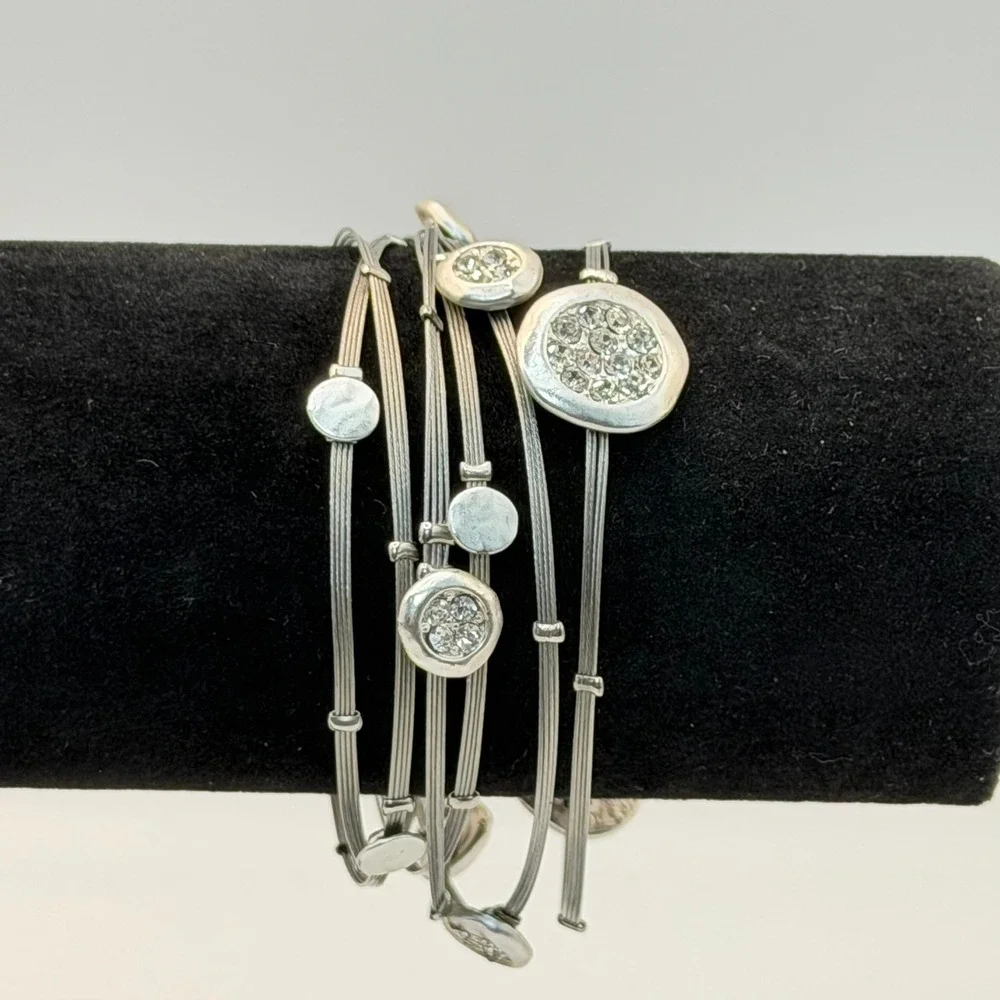 Silver Tone Multi Strand Wire Bangle Set Rhinestone Disc Boho Chic Bracelets
